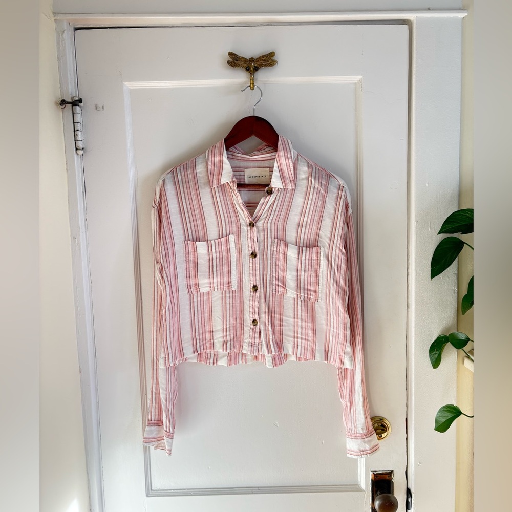 Aeropostale Long Sleeve Striped Button-Down Top Pink White Small‎ - Picture 4 of 13